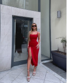 Μίντι φόρεμα ντραπέ ασύμετρο με σκίσιμο και σούρα|Κόκκινο