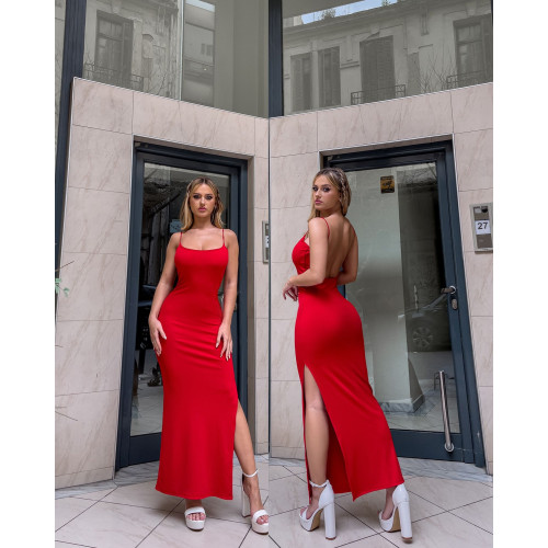 Μάξι φόρεμα ριμπ εξώπλατο με σκίσιμο|Κόκκινο