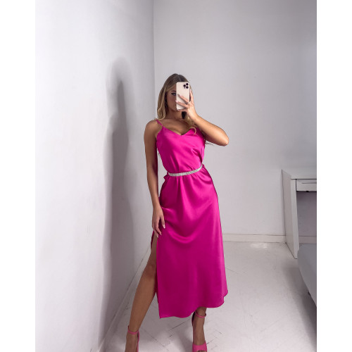 Μίντι φόρεμα σατινέ με σκίσιμο|Φούξια