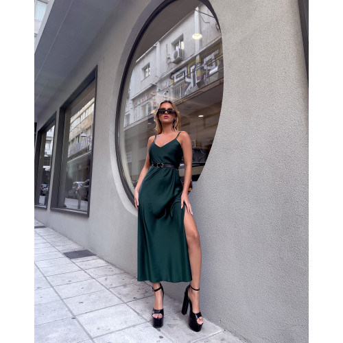 Μίντι φόρεμα σατινέ με σκίσιμο|Πράσινο