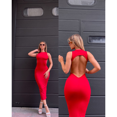 Μίντι φόρεμα αμάνικο με ανοιχτή πλάτη|Κόκκινο