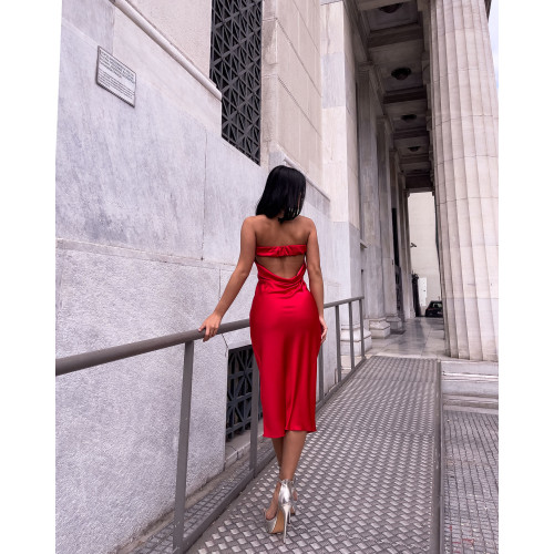 Midi φόρεμα στράπλες με ντραπέ πλάτη |Kόκκινο