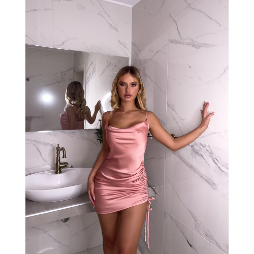 Μίνι φόρεμα σατινέ ασύμμετρο ντραπέ με σούρα|Ροζ