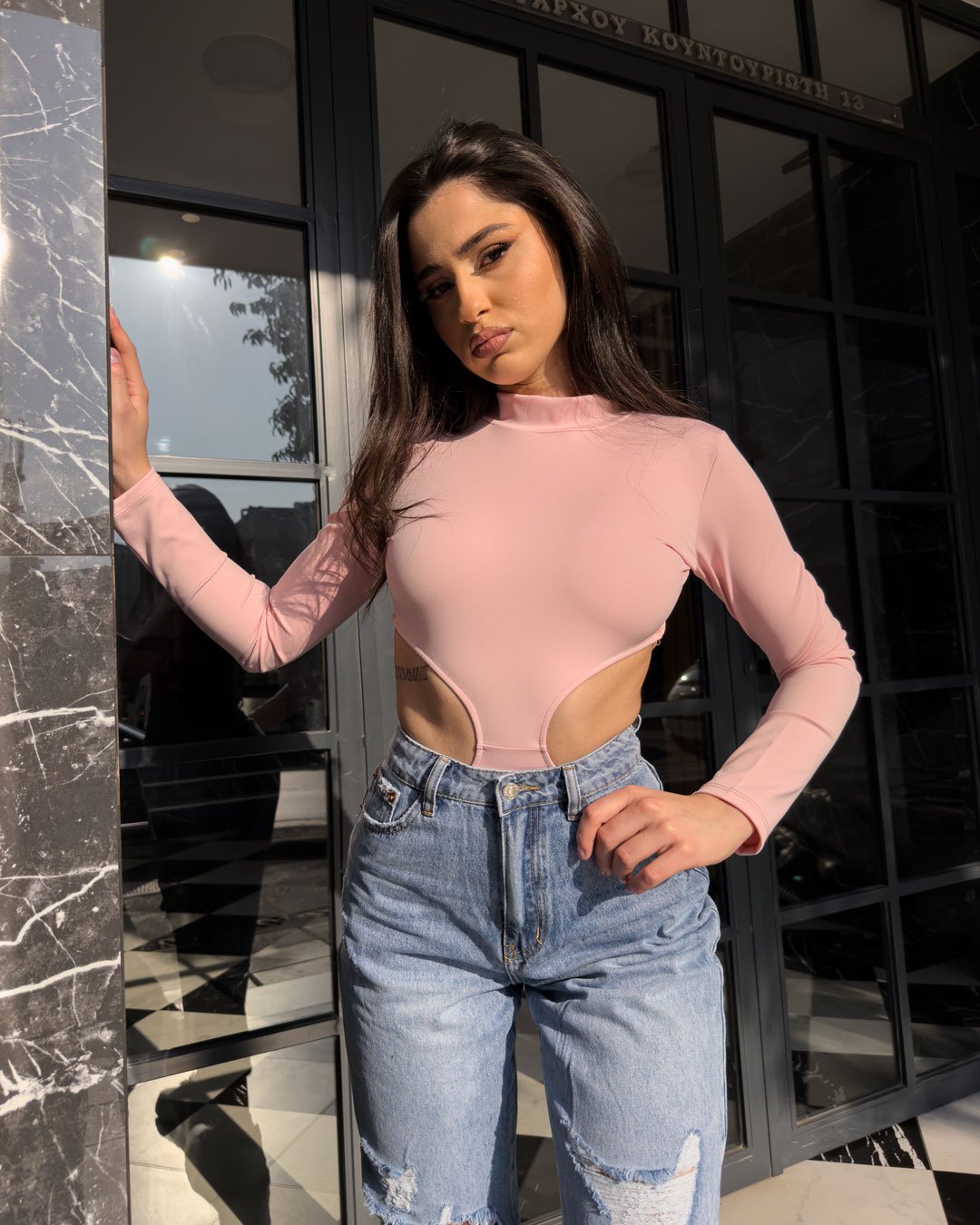 Bodysuit long sleeve with cut out and open back| Pink