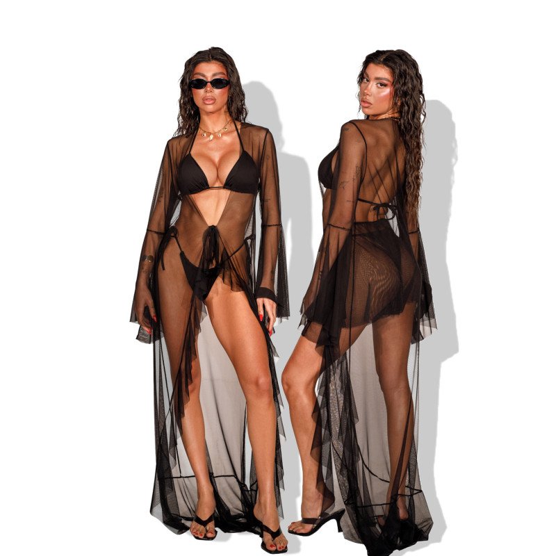 Marmalady | Beachwear set 2(pcs) με shorts και maxi κιμονό με δέσιμο στην μέση |Μαύρο