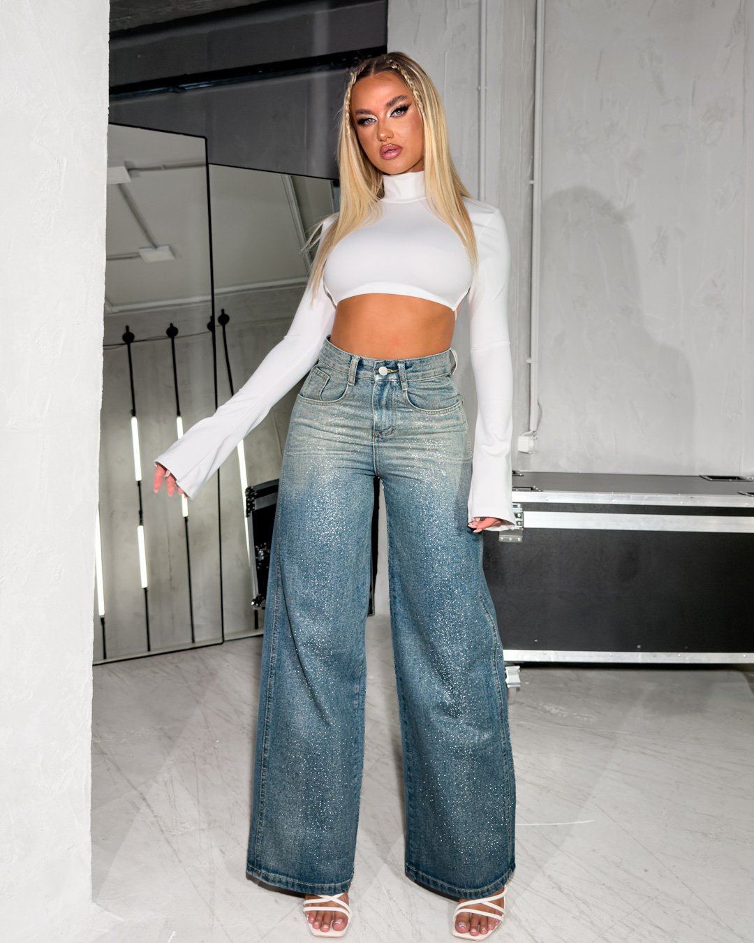 Denim metallic coated wide leg with two-tone| Blue