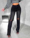 Denim straight-line ripped high waist| Black