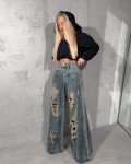 Denim baggy wide-leg ripped |Blue