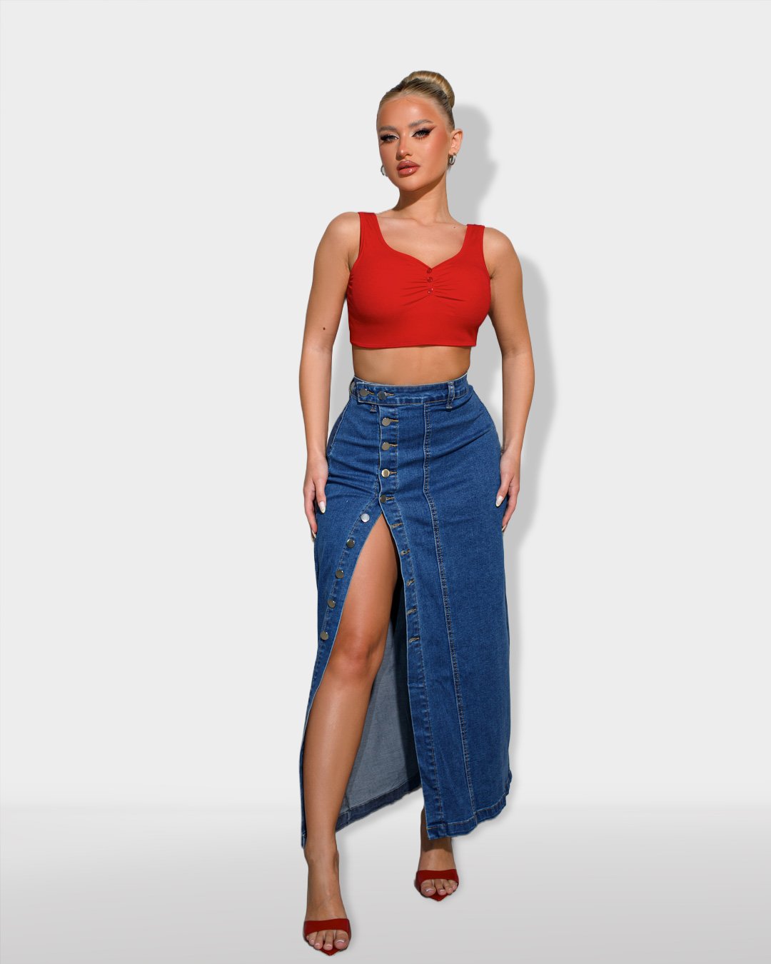 Denim maxi skirt with buttons | Blue