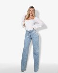 Wide-leg jeans with transparent rhinestones|Blue