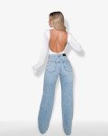 Wide-leg jeans with transparent rhinestones|Blue