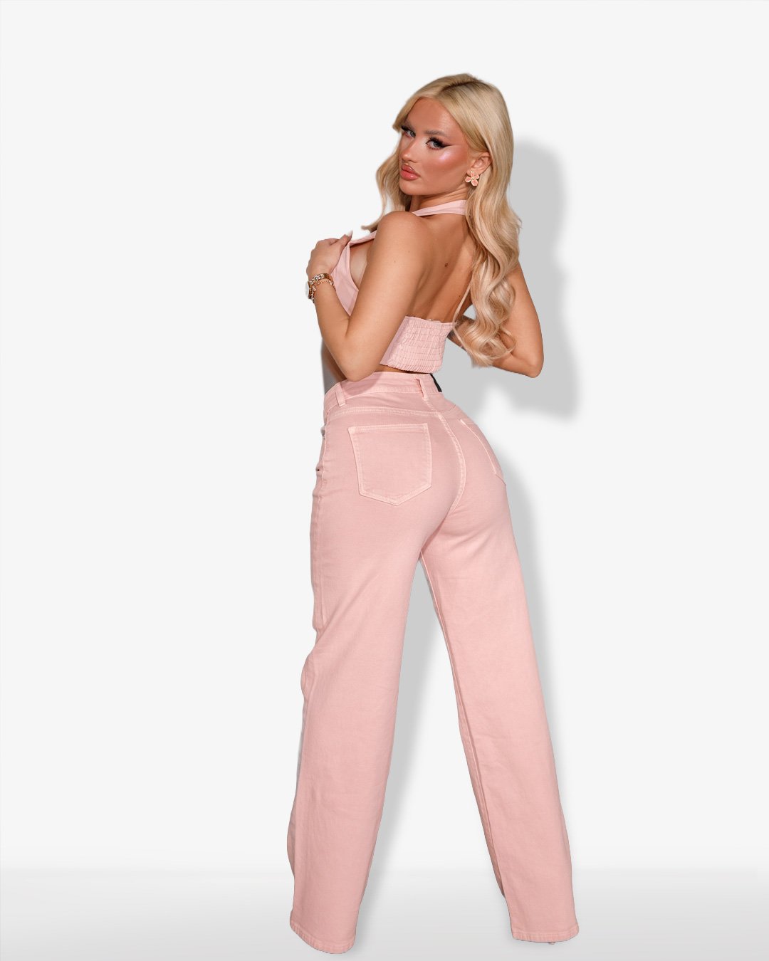 High-waisted straight fit denim |Pink