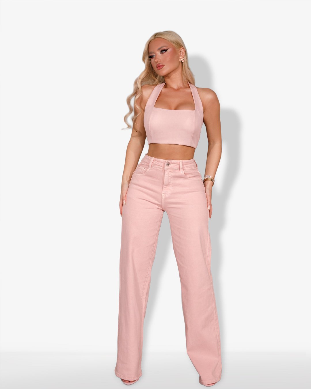 High-waisted straight fit denim |Pink