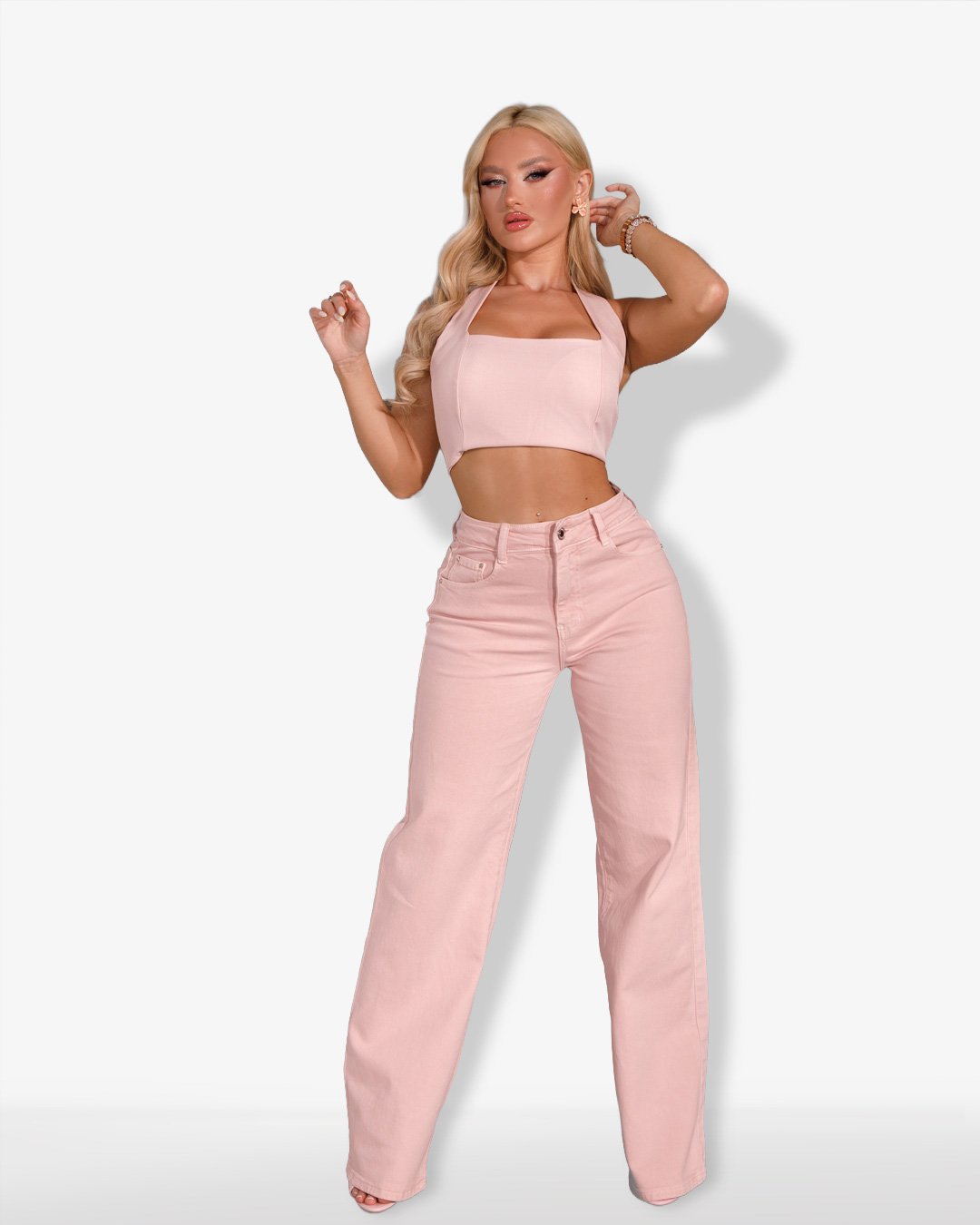 High-waisted straight fit denim |Pink