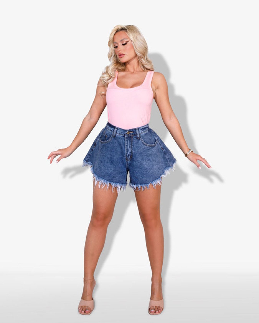 High waist butterfly denim shorts with raw hem | Blue
