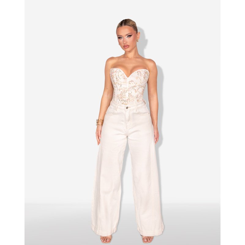 Marmalady | Ψηλόμεσο wide-leg παντελόνι με seam contrast details |Λευκό
