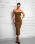 Μίντι φόρεμα strapless με σκίσιμο πίσω| Καφε Μίντι φόρεμα strapless με σκίσιμο πίσω| Καφε