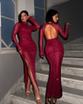 Maxi Dress Sequin sheer backless with side slit|Bordeaux