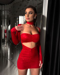 Mini ruched dress  sequin strapless  with bolero and choker 3(Pcs)|Red
