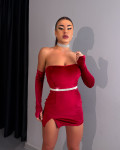Μίνι φόρεμα velvet strapless με cups και extra γάντια|Μπορντό