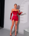 Μίνι φόρεμα velvet strapless με cups και extra γάντια|Μπορντό