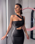 Leatherette midi dress with oblique strap and cut out | Black