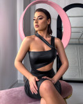 Leatherette midi dress with oblique strap and cut out | Black