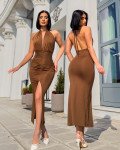 Maxi φόρεμα halter με σούρα και σκίσιμο| Καφέ