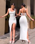 Maxi φόρεμα με lace up στην πλάτη και σκίσιμο μπροστά|Λευκό