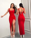 Maxi φόρεμα με lace up στην πλάτη και σκίσιμο μπροστά|Κόκκινο Maxi φόρεμα με lace up στην πλάτη και σκίσιμο μπροστά|Κόκκινο