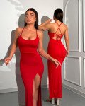 Maxi φόρεμα με lace up στην πλάτη και σούρα πίσω|Κόκκινο Maxi φόρεμα με lace up στην πλάτη και σούρα πίσω|Κόκκινο