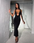 Maxi φόρεμα βαθύ V αλυσιδα και εξτρά φουλάρι |Μαύρο Maxi φόρεμα βαθύ V αλυσιδα και εξτρά φουλάρι |Μαύρο