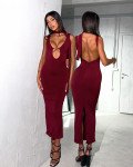 Maxi φόρεμα βαθύ V αλυσιδα και εξτρά φουλάρι |Μπορντό Maxi φόρεμα βαθύ V αλυσιδα και εξτρά φουλάρι |Μπορντό