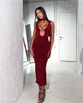 Maxi φόρεμα βαθύ V αλυσιδα και εξτρά φουλάρι |Μπορντό Maxi φόρεμα βαθύ V αλυσιδα και εξτρά φουλάρι |Μπορντό