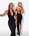 Maxi dress with halter V neckline, backless and ruffled back l Black