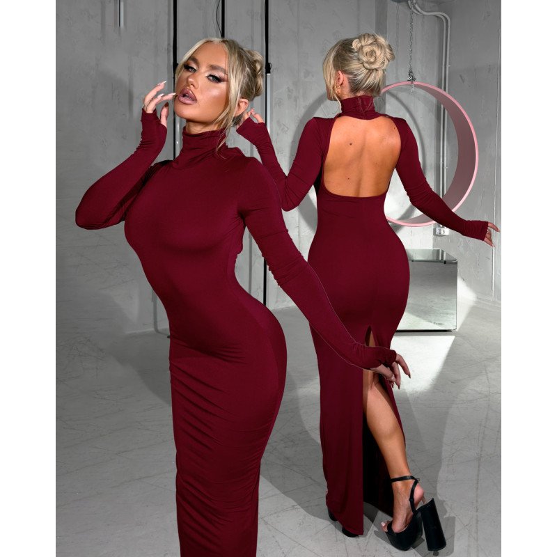 Marmalady | Maxi φόρεμα με ανοιχτή πλάτη και σκίσιμο πίσω| Μπορντό