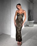 Lace maxi dress with thin straps and cups| Black/Beige