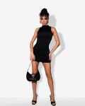 Backless turtleneck mini dress with off-shoulder|Black