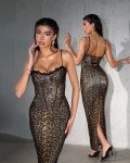 Corset-style maxi dress with lace-up back| Leopard Brown