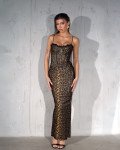 Corset-style maxi dress with lace-up back| Leopard Brown