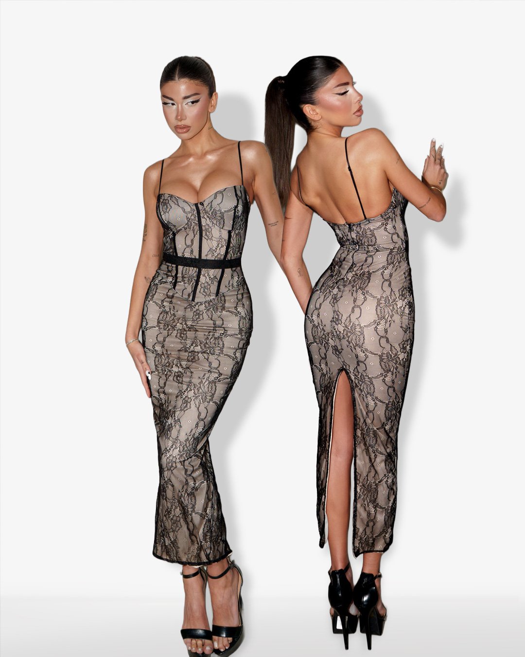 Maxi dress lace corset with cups and back slit |Black/Beige