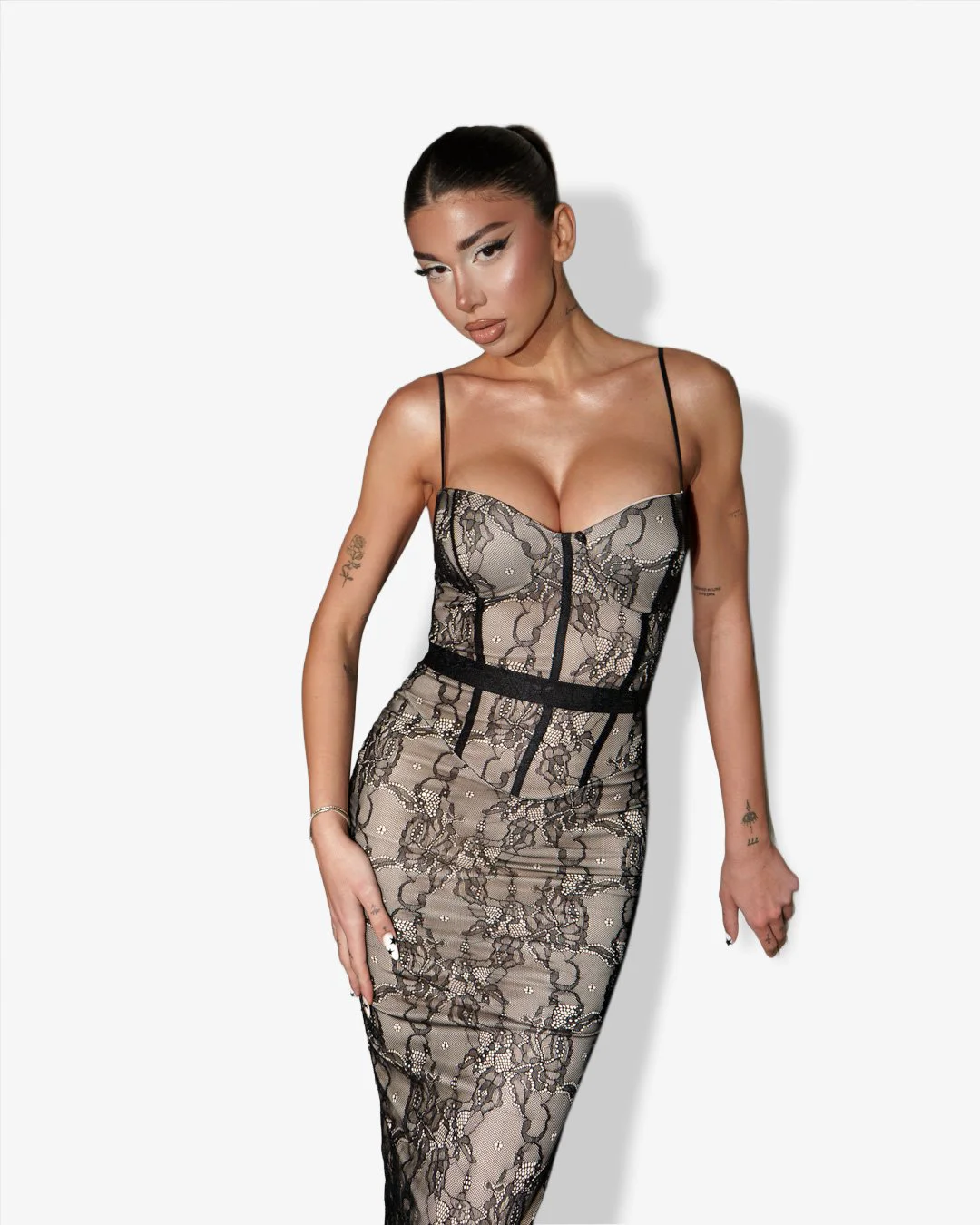 Maxi dress lace corset with cups and back slit |Black/Beige Maxi dress lace corset with cups and back slit |Black/Beige