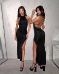 Halter maxi dress with slit|Black
