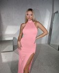 Halter maxi dress with slit|Pink