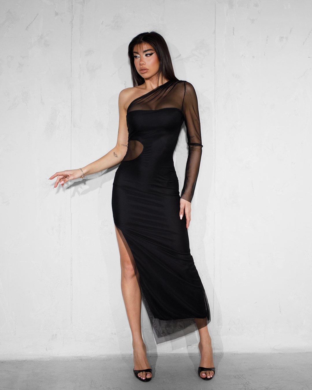 Maxi dress asymmetrical maxi dress with one sleeve and transparency |Black