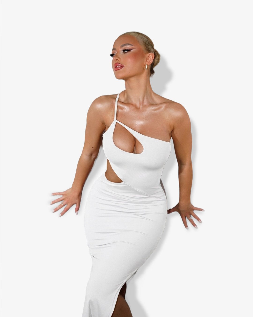 Maxi dress, asymmetrical cut out and  strap |White