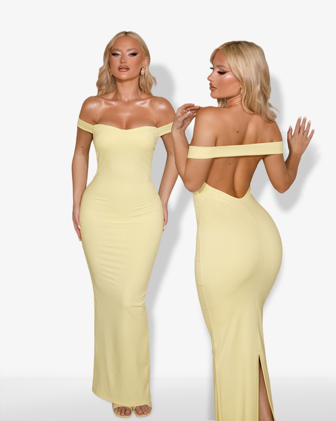 Maxi-dress strapless with off-shoulder design and open back |Yellow