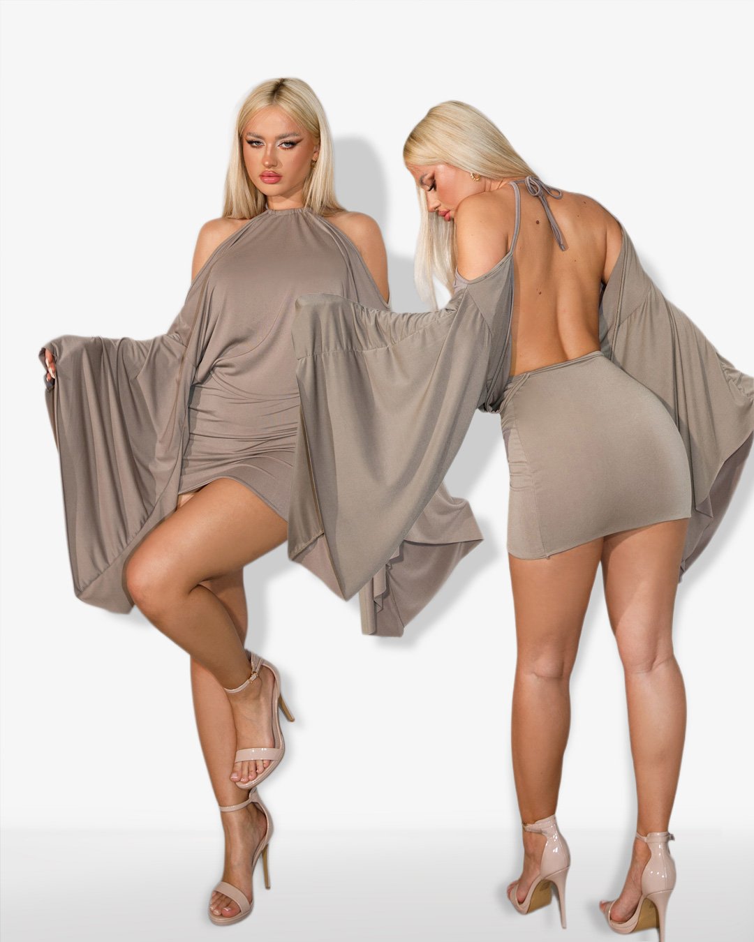Mini-dress with batwing sleeves and open-back detail |Taupe