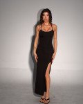 Maxi dress with thin cross-back straps & side slit |Black