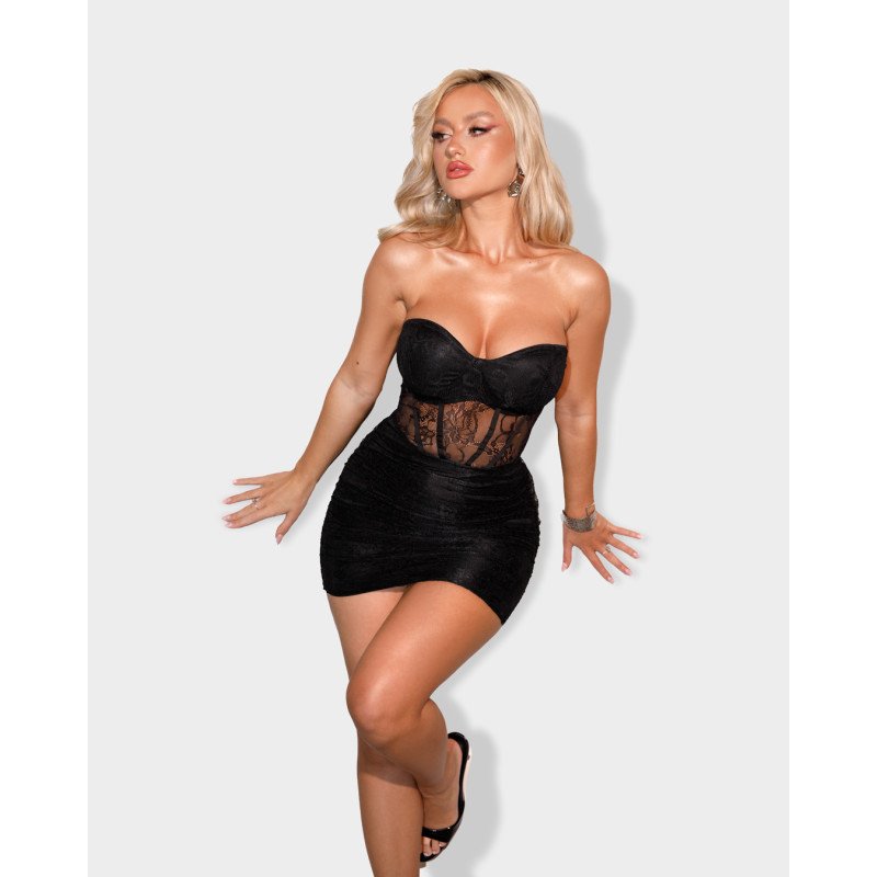 Marmalady | Μini-dress strapless corset με δαντέλα και ruched φούστα| Μαύρο